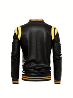 Trendy Long Sleeve Varsity Jacket With Zipper Closure, Faux Leather Biker Jacket With Long Sleeves, Black Varsity Jacket With Stand Collar For Fall, Casual Long Sleeve Faux Leather Outerwear, Casual Faux Leather Long Sleeve Outerwear, Black Faux Leather Biker Jacket With Long Sleeves, Faux Leather Jacket With Padded Collar, Brown Fitted Varsity Jacket With Long Sleeves, Fitted Brown Varsity Jacket With Long Sleeves