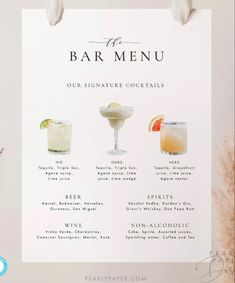 the bar menu is displayed on a white board with various cocktails and drinks in it