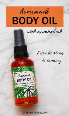 Amazing DIY body oil recipe for summer for those who want a naturally glowing skin. This homemade body spray moisturizes the skin and gives it a gentle tan. It absorbs fast and does not feel greasy. This DIY body moisturizer is fully natural and smells like tropico thanks to essential oils. #diybeauty #bodyoil #bodyspray #skincarediy #diyskincareproducts Diy Bronzing Oil, Diy Tanning Oil Recipes, Tanning Oil Recipe, Dit Gifts, Homemade Body Spray, Witchy Products