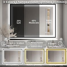 three colors changeable and brightnesss dimming the bathroom mirror with lights above it