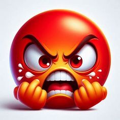 an angry looking red ball with eyes and hands on it's face is shown