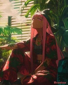 a woman with long pink hair sitting on the ground in front of plants and trees