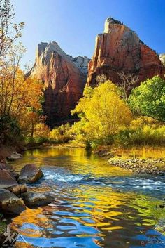 the virgin's rock formations are reflected in the still water of this stream, which is surrounded by autumn foliage