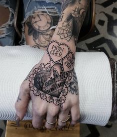 a person's hand with tattoos on it