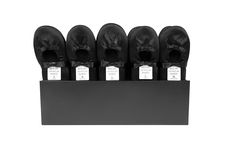 four pairs of black shoes are in a display case with labels on them that read,