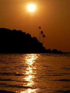 the sun is setting over an island with two palm trees in the foreground and water below