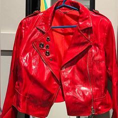 Message With Serious Inquiries Only Designer Red Fitted Leather Jacket, Designer Fitted Red Leather Jacket, Fitted Red Biker Jacket, Spring Red Leather Jacket, Designer Red Leather Outerwear, Red Fitted Leather Jacket For Spring, Designer Red Leather Jacket For Fall, Fitted Red Leather Jacket For Spring, Vinyl Jacket