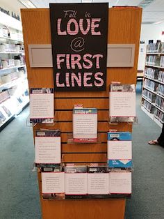 there is a sign that says love and first lines on the wall in this bookstore