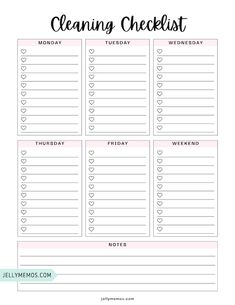 the printable cleaning checklist is shown in black and white with hearts on it