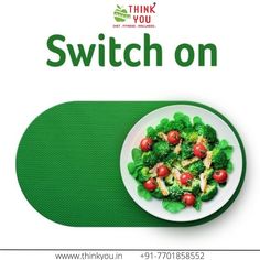 a white plate topped with broccoli and tomatoes next to the words switch on