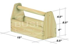 a wooden tool box with measurements for the handles and sides, on a white background