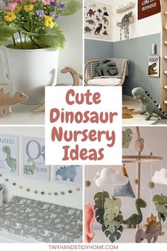 Collage of dinosaur themed nursery ideas. The text over the image reads, "cute dinosaur nursery ideas". Dinosaur Baby Room Nurseries, Neutral Dinosaur Nursery, Dinosaur Nursery Ideas, Nursery Theme Gender Neutral, Themed Nursery Ideas, Dinosaur Themed Nursery