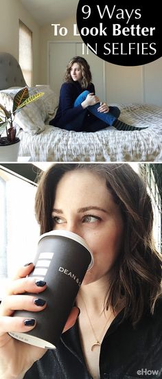 a woman sitting on her bed drinking from a coffee cup and looking at the camera