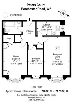 the floor plan for peter court, porthcostter road, w2 with 2 bedroom