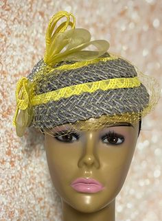 Simple, yet beautiful fascinator half hat. Gray and yellow fancy braid alternates to create this piece. Accented with yellow netting, crinoline bows, and rhinestones. All sale items are final. No exchanges. No refund. No cancellations after item is shipped. Please ask as many questions needed before making your purchase. Yellow Mini Hats For Races At Royal Ascot, Yellow Mini Hat For Royal Ascot Races, Yellow Fascinator For Royal Ascot, Yellow Adjustable Fascinator Hat, Yellow Fascinator For Royal Ascot Races, Yellow Short Brim Fascinator For Church, Adjustable Yellow Headband Costume Hat, Yellow Mini Hat For Kentucky Derby Evening, Yellow Fascinator For Kentucky Derby Races