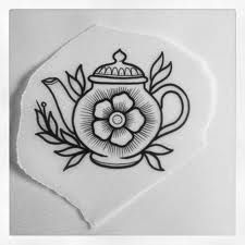 a black and white drawing of a teapot with flowers on it's side