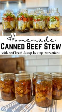 uncooked beef stew in jars, and finished pressure canned beef stew with text Can Beef Stew, Canning Soup Recipes, Easy Canning, Pressure Canning Recipes, Easy Beef Stew, Home Canning Recipes, Preserve Food