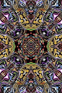 an abstract design with many colors and shapes in the middle, including black, yellow, blue