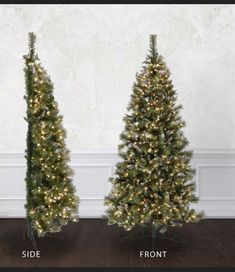 two artificial christmas trees are shown side by side, and the other has lights on them