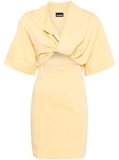 light yellow cotton jersey texture split neck short sleeves twist detailing cut-out detailing rear hook fastening rear zip fastening straight hem thigh-length City Dress, Midi Dress Party, Vestido Casual, Summer Beach Wear, Cut Tshirt, Cut Shirts, Ballet Flat Shoes, Light Yellow, Yellow Dress