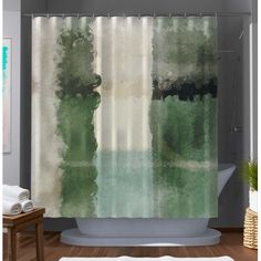 a shower curtain with watercolor paint on it in a gray and white bathroom setting