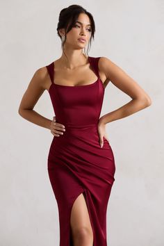 A Romantic Berry Satin Corset Wrap Maxi Dress – Club L London - USA