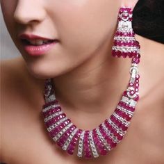 Art Deco Lab Ruby & Diamonds Necklace and Earring Set Wedding Jewelry 925 Silver Victor Wallpaper, Ruby Diamond Necklace, Indian Diamond Jewellery, Expensive Diamond, Diamond Necklace Designs, Diamonds Necklace, Jewellery Indian, Bridal Diamond Jewellery, Diamond Necklace Set