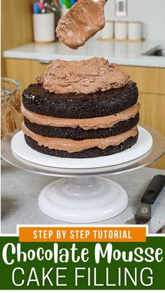 chocolate mousse cake filling with peanut butter and frosting being drizzled on top