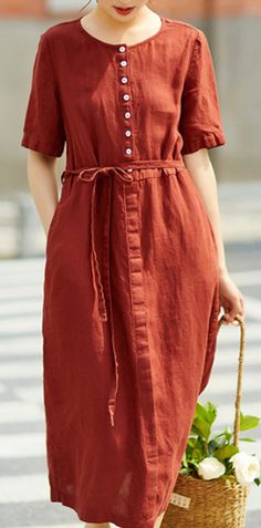 Red Women Dresses Short Sleeve Casual Summer Linen Women Dresses Organic Cotton Dress Women, Cotton Linen Dresses Summer, Linen Outfits For Women Classy, Linen Clothes For Women Classy, Women Linen Clothing, Linen Casual Dress, Linen Dresses For Women, Homemade Dress, Southern Outfits