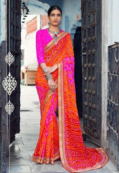 Shaded Georgette Jaipuri Bandhani Print Saree with golden heavy lace border Ladies Salwar Kameez, Lehenga Style Saree, Bandhani Print, Indian Designer Sarees, Indian Saree Blouse, Indian Saree Blouses Designs, Print Saree, Indian Sarees Online, Bandhani Saree