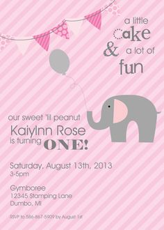 a pink and gray baby shower party with an elephant holding a balloon in it's trunk