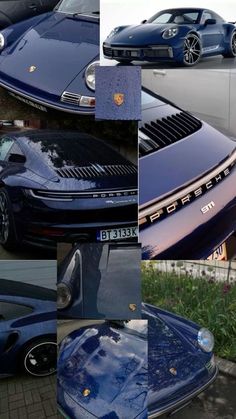 there are many different pictures of cars in this collage, one is blue and the other is black