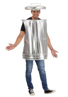 a man in a silver trash can costume standing with his hands out to the side