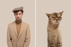 a man standing next to a cat wearing a suit and hat on top of his head