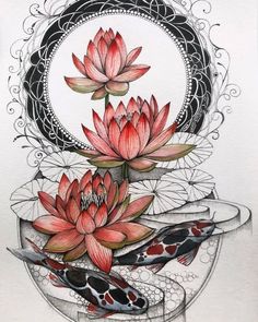 a drawing of flowers and fish in a bowl with water lilies on the side