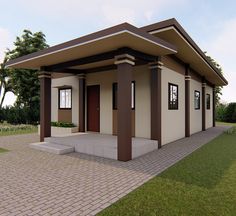 a small house with a brown roof and two doors on the front porch is shown