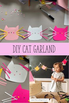 cat party, cat birthday party, cat party decorations, cat cake, cat garland, cat ear headband, farmhouse decor, farmhouse style, party themes for kids, party themes for girls, party themes for boys Cat Garland Diy, Calico Cat Birthday Party, Diy Cat Party Favors, Diy Cat Birthday, Cat Birthday Decorations Diy, One Cool Cat Birthday, Kitten Birthday Party Decorations, Diy Cat Themed Birthday Party, Rainbow Kitty Birthday Party