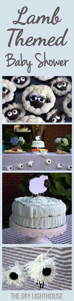 there is a cake and cupcakes on the table with words above it that read lamb themed baby shower