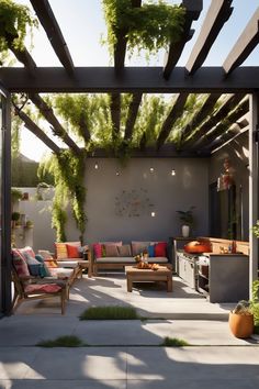 Outdoor patio with wooden furniture, colorful cushions, and a kitchen area under a pergola with hanging plants. Covered Patio With String Lights, Outdoor Dining Garden, Hanging Lights Under Covered Patio, Outdoor Patio String Lights Pattern, Brick Patio String Lights, Outdoor Dining Area With String Lights