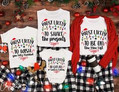 80 Quotes Most Likely to Christmas Shirts, Family Matching Tee, Funny Christmas Party Tee, Chritsmas Quotes 2024 Christmas Matching Pajamas, Matching Family Christmas Shirts, Long Sleeve t shirt, Xmas Gifts, Matching Christmas 2024 Long Sleeve, Christmas Cruise t shirts, Christmas Group Shirts, Family Christmas Pajamas tees 🎁 This shirt is perfect for Family Christmas pictures or matching family pajama sets! You'll love its softness and comfort! -The listing is for the shirt alone. Pants are not included. -For infants, the shirt is offered as a bodysuit, not a T-shirt. - Prepare your family for the holiday season with our personalized Family Christmas Name Shirts! Each shirt is elegantly monogrammed with your family name, adding a unique and special touch to your Christmas festivities. Pe Festive Holiday Cotton Tops, Holiday Cotton Shirt, Cotton Shirt For The Holiday Season, Festive Christmas Cotton Shirt, White Festive Shirt For Christmas, White Festive Christmas Shirt, Custom Christmas Shirts, Christmas Shirts Funny, Christmas Cruises