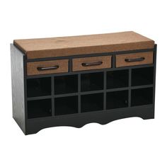 a black and brown bench with drawers on it