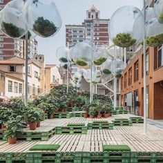 an empty courtyard with benches and trees in the center, surrounded by buildings on both sides