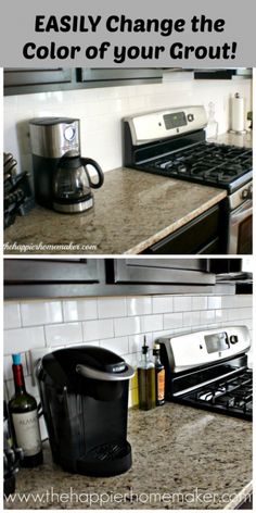 two pictures showing the same kitchen counter top and appliances in different stages of being cleaned