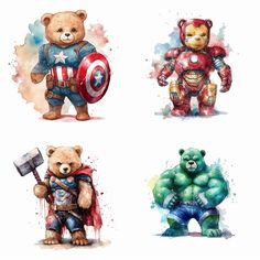 four watercolor paintings of teddy bears dressed as superheros, one with a shield and the other with a bear