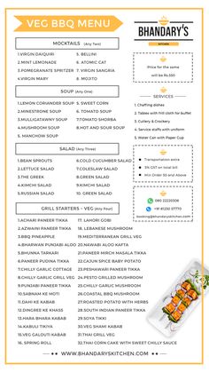 the menu for vegetarian bbq restaurant is shown in yellow and white, with an orange border