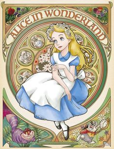 alice in wonderland poster with an image of the princess sitting on top of her bed