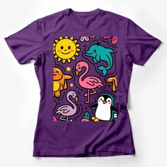 a purple t - shirt with different types of animals and birds on it