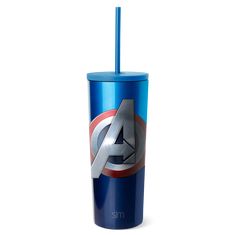 the avengers logo is painted on this blue tumbler cup with a straw in it