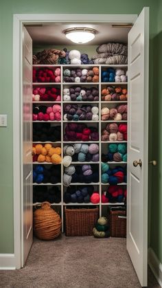 a closet filled with lots of balls of yarn