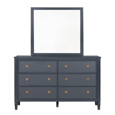 a dresser with a mirror on top of it and gold knobs at the bottom